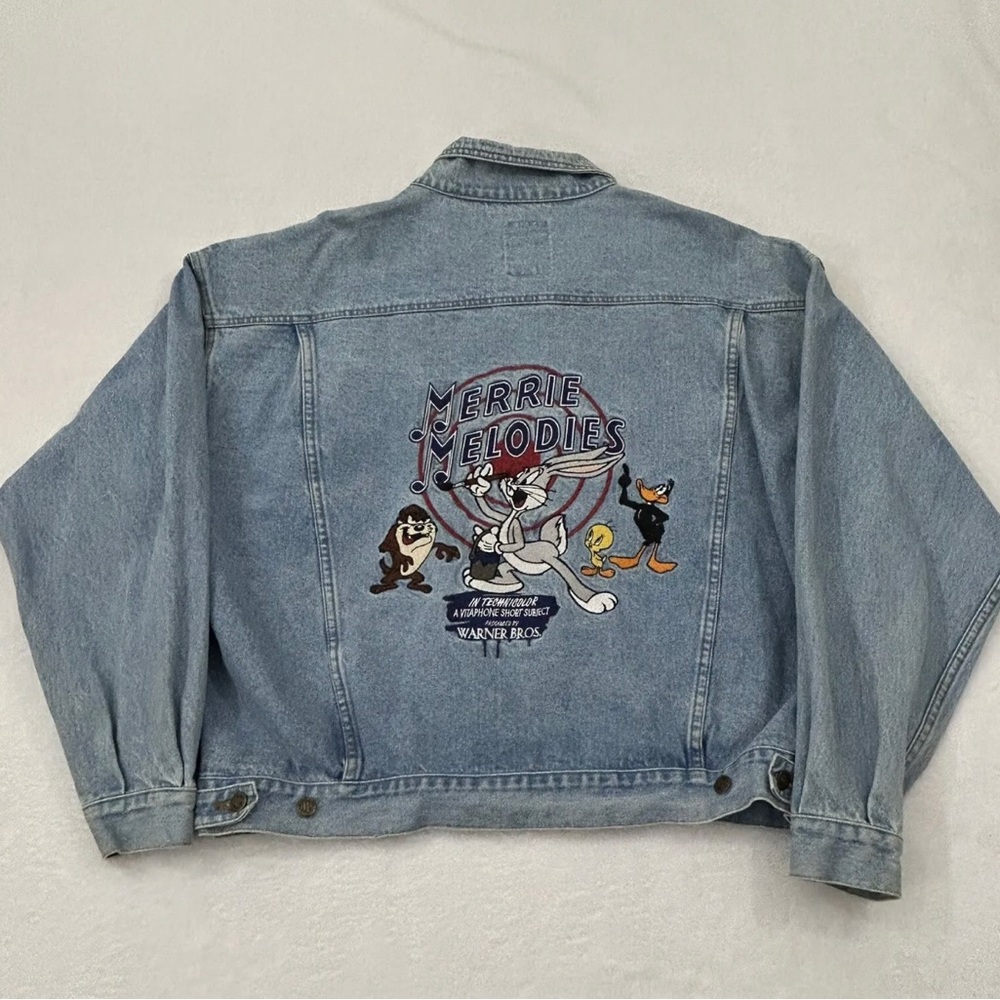 Vintage 90s Looney Tunes Merry Melodies Embroidered Blue Denim Jacket Men’s XL